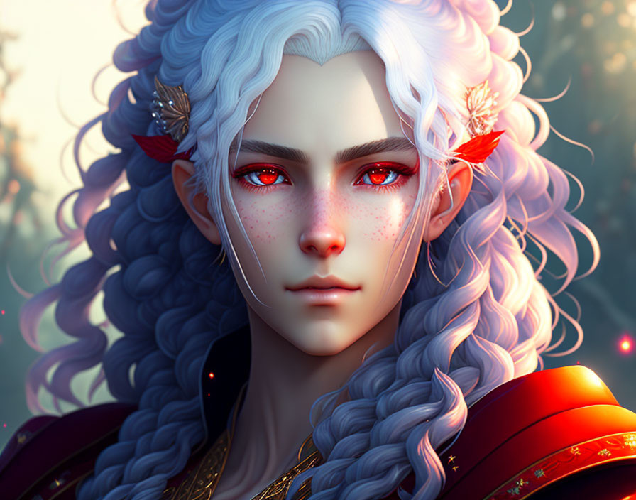 Fantasy Male Character with White Curly Hair and Red Eyes