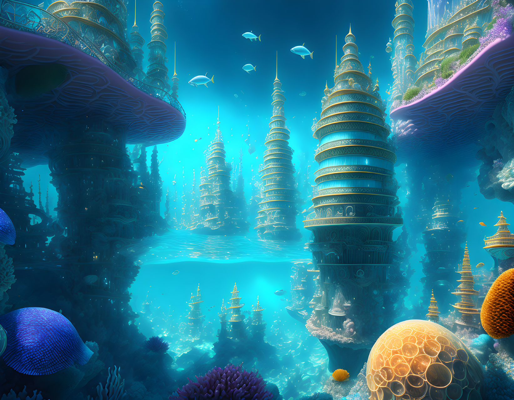 Underwater fantasy city with coral-inspired architecture and diverse marine life