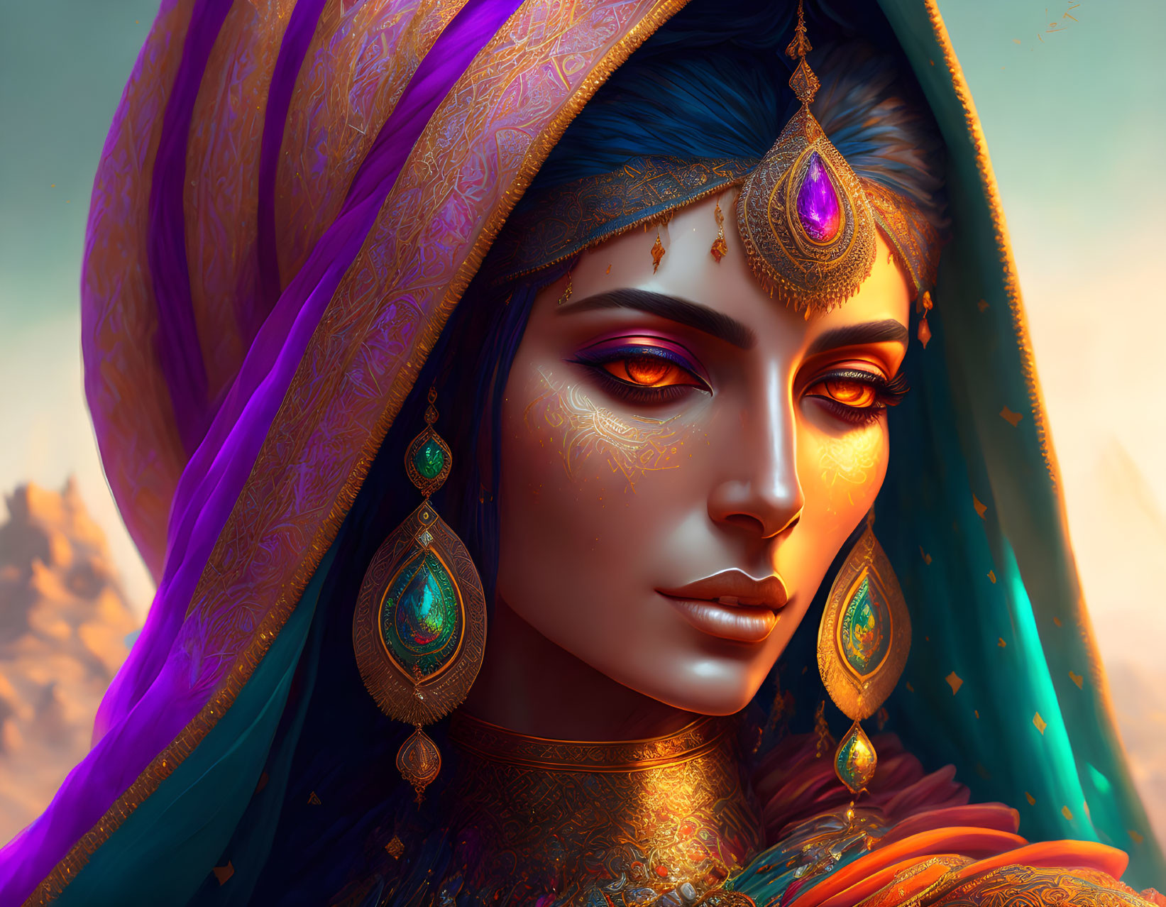 Digital artwork: Woman in traditional Indian attire with colorful headscarf