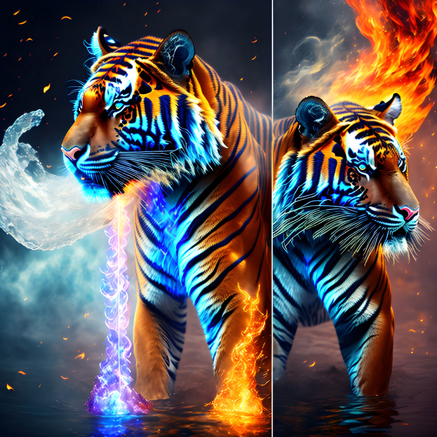 Digital artwork: Tiger split in half with water/ice and flames, against cosmic backdrop