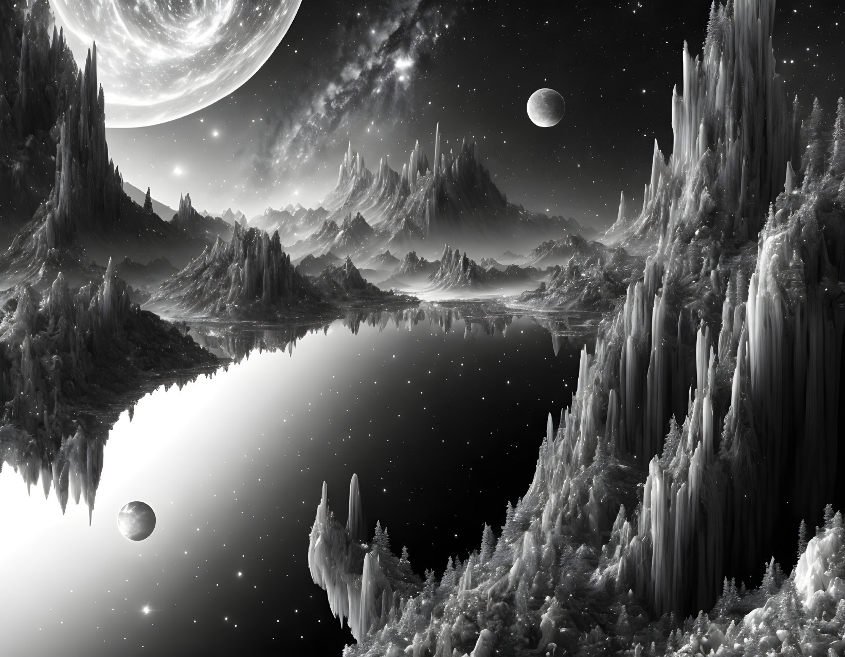 Monochromatic sci-fi landscape with jagged mountains, still lake, and celestial bodies