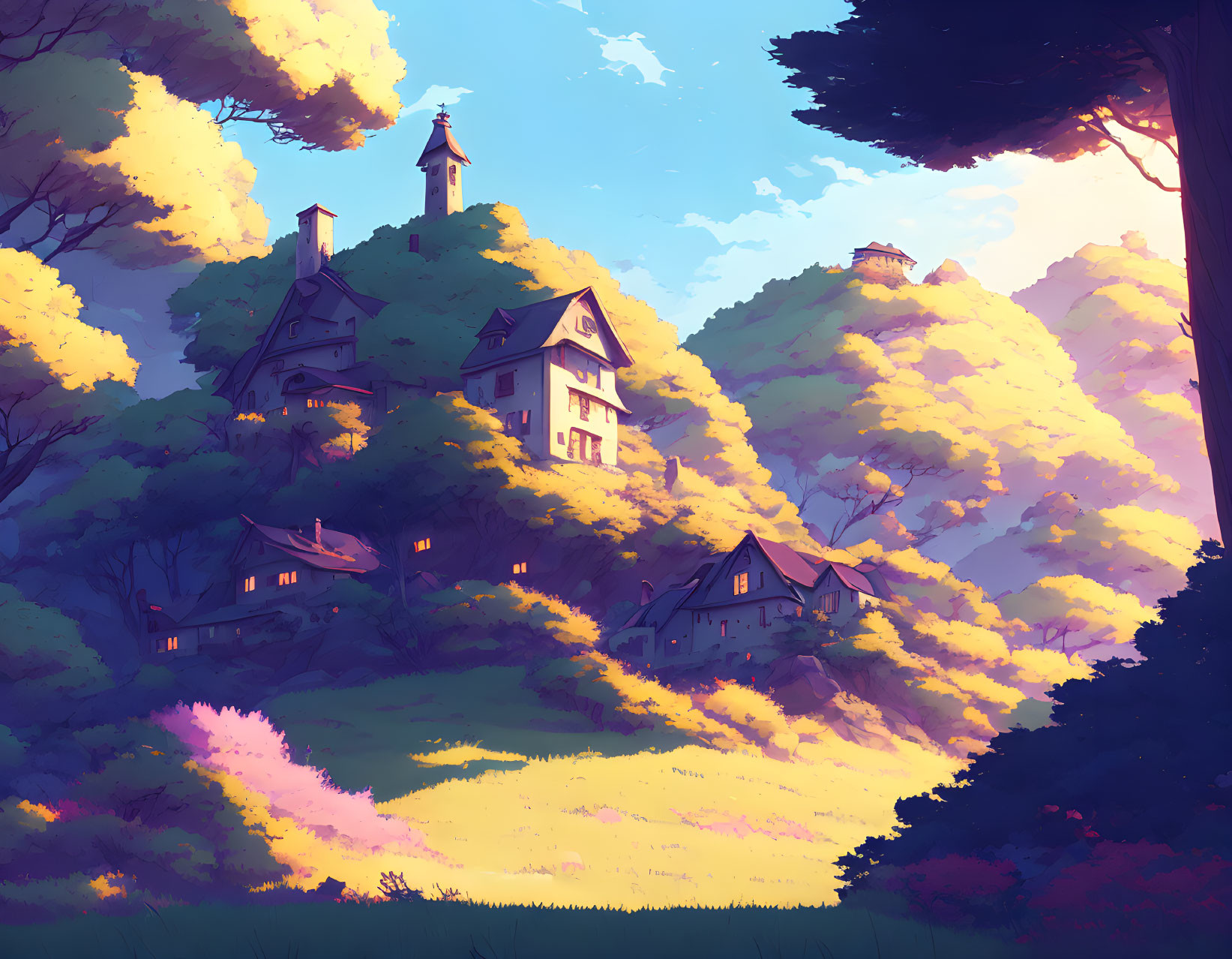 Vibrant digital artwork of whimsical village scene