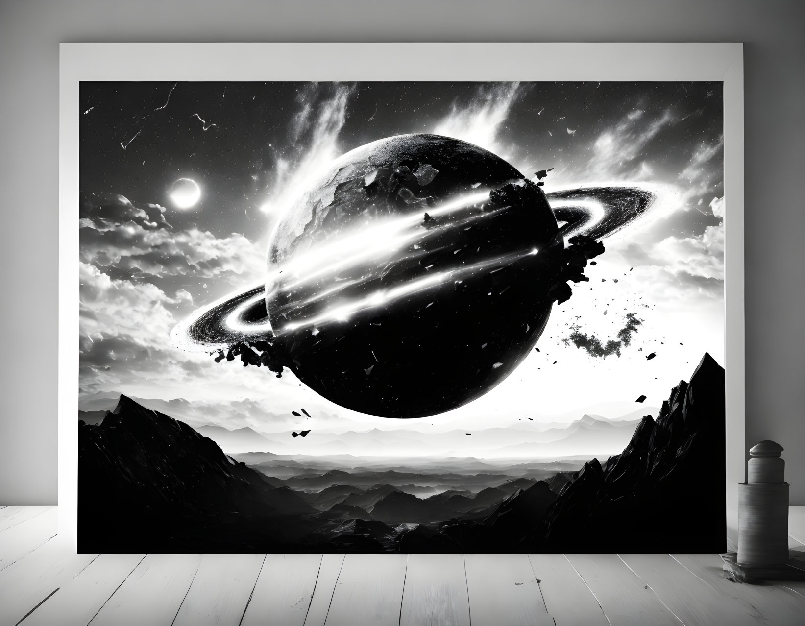 Monochrome wall art of ringed planet, moons, spaceship, asteroids above mountain landscape