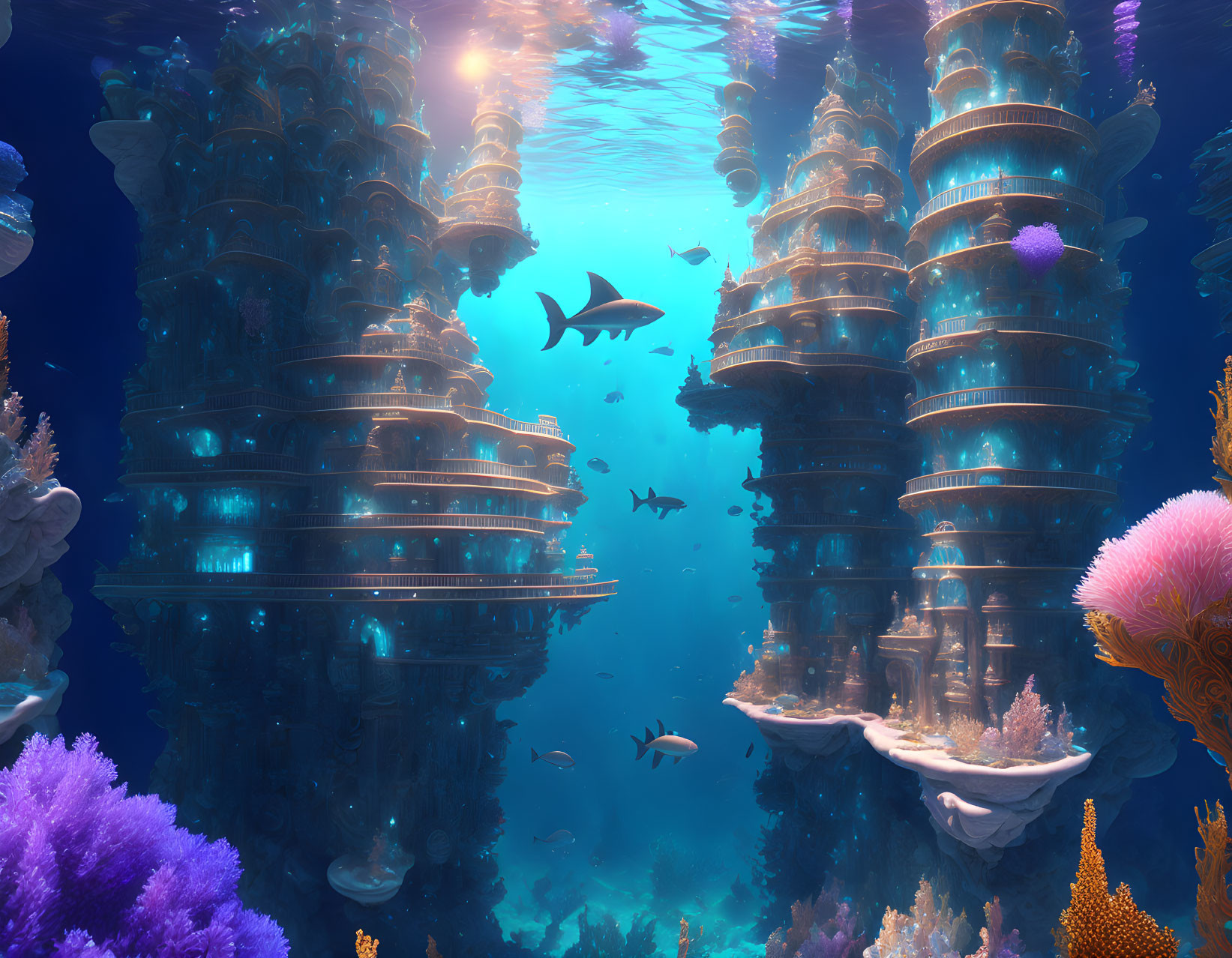 Futuristic coral skyscrapers in vibrant underwater scene