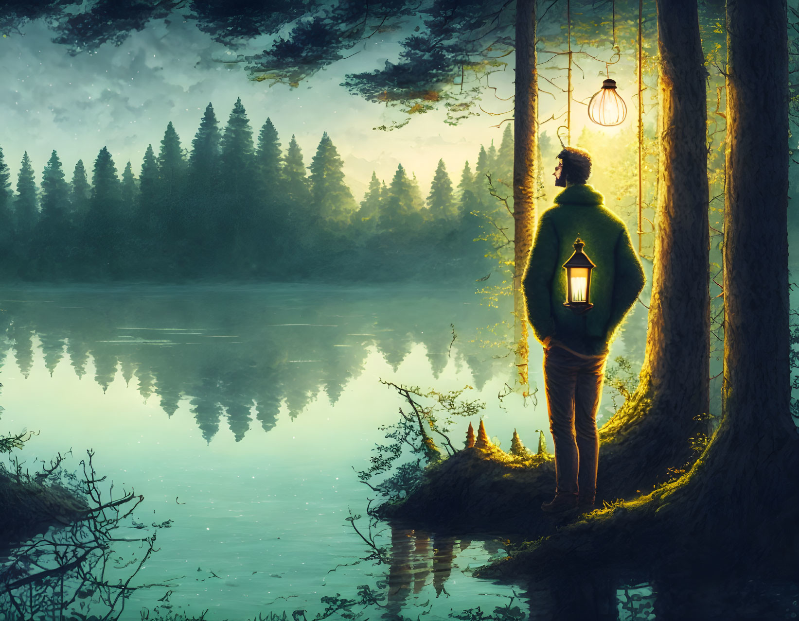 Person holding lantern by calm lake at twilight in forest setting