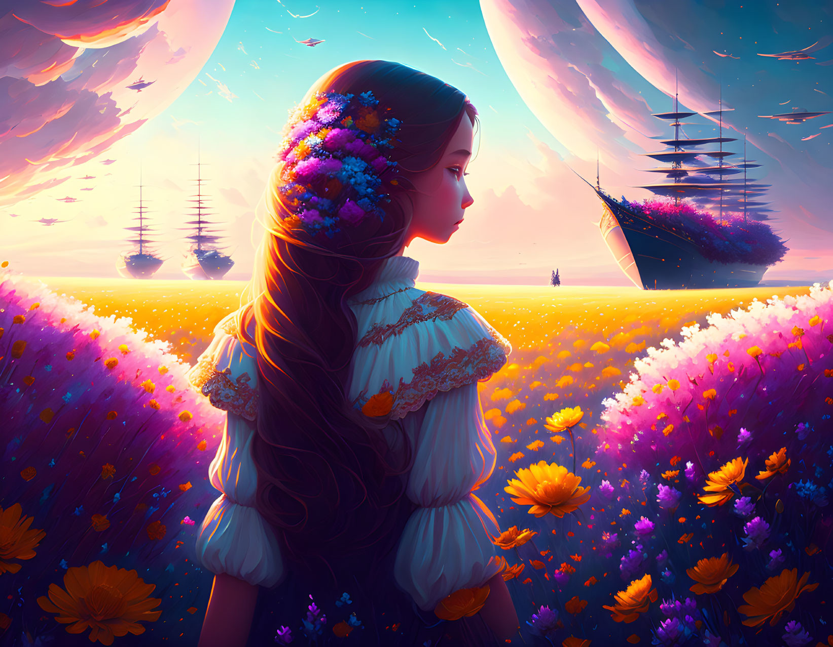 Young woman in vintage dress admires surreal sky with floating ships over vibrant sea of flowers at sunset