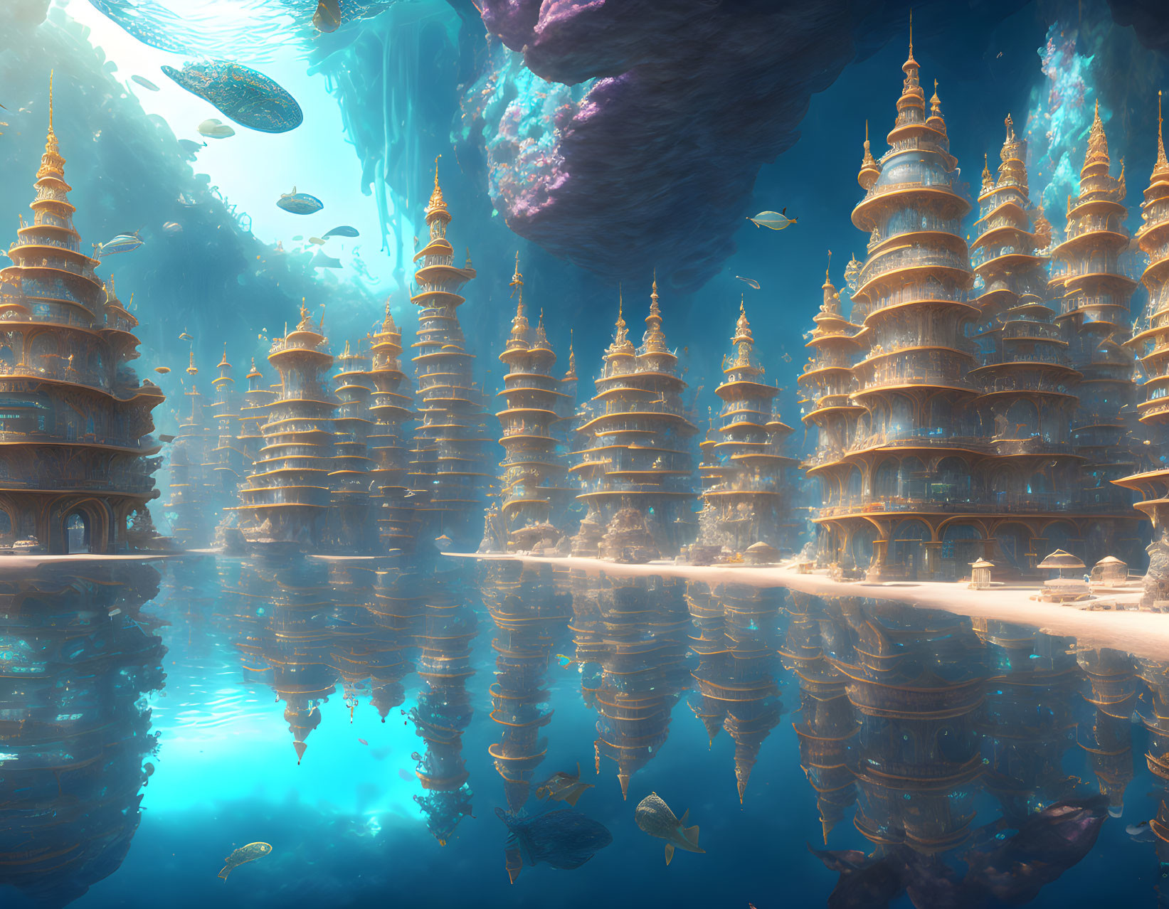 Ornate towers in glowing underwater fantasy city