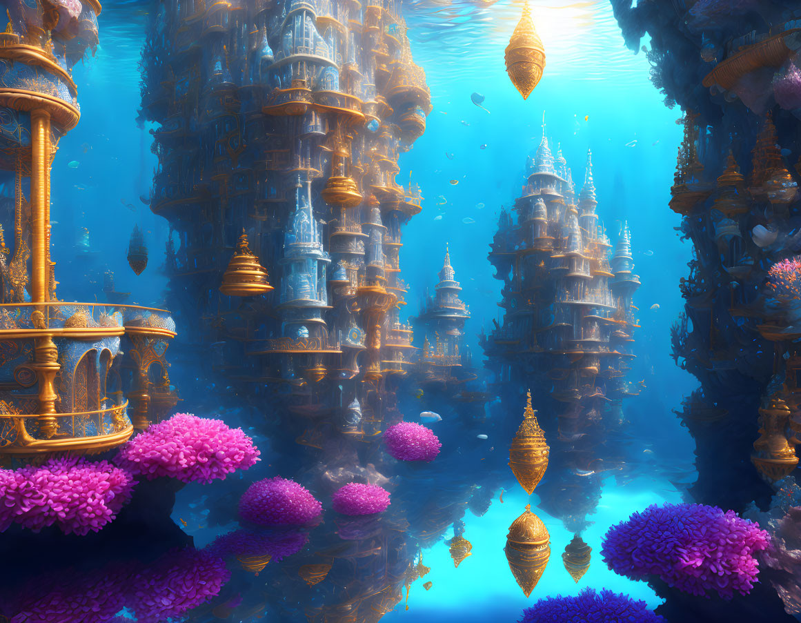 Golden towers, coral formations, fish in dreamy underwater fantasy landscape