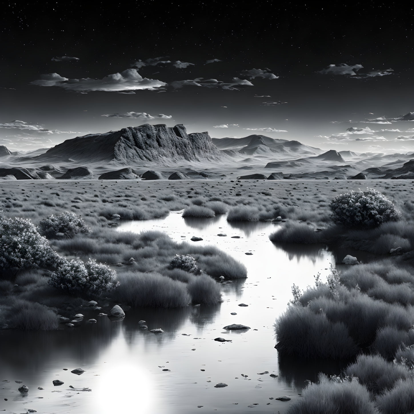 Monochrome landscape with reflective river, grassy plains, nighttime sky, mountains, stars