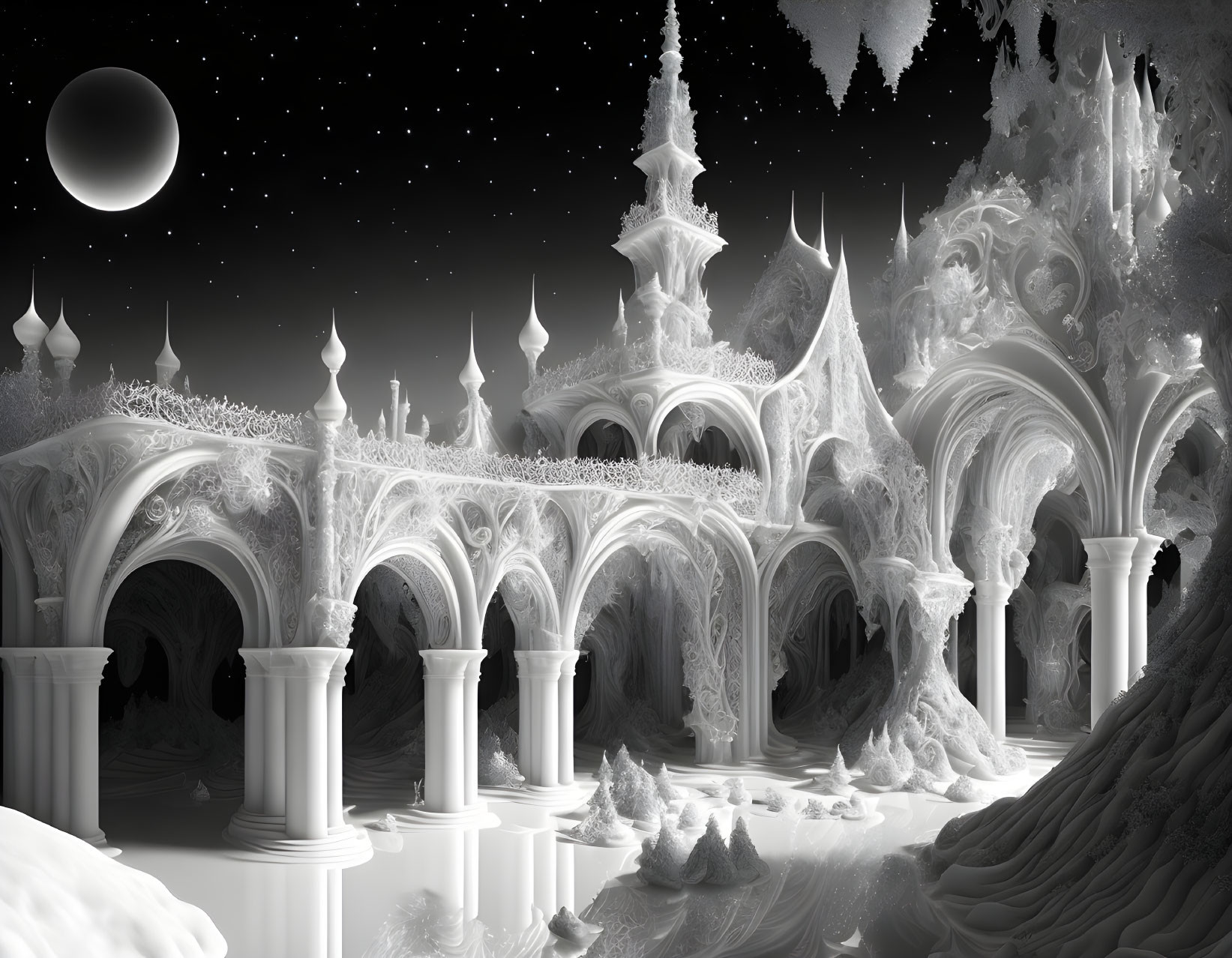 Intricate monochrome fantasy landscape with ice palace under starry sky