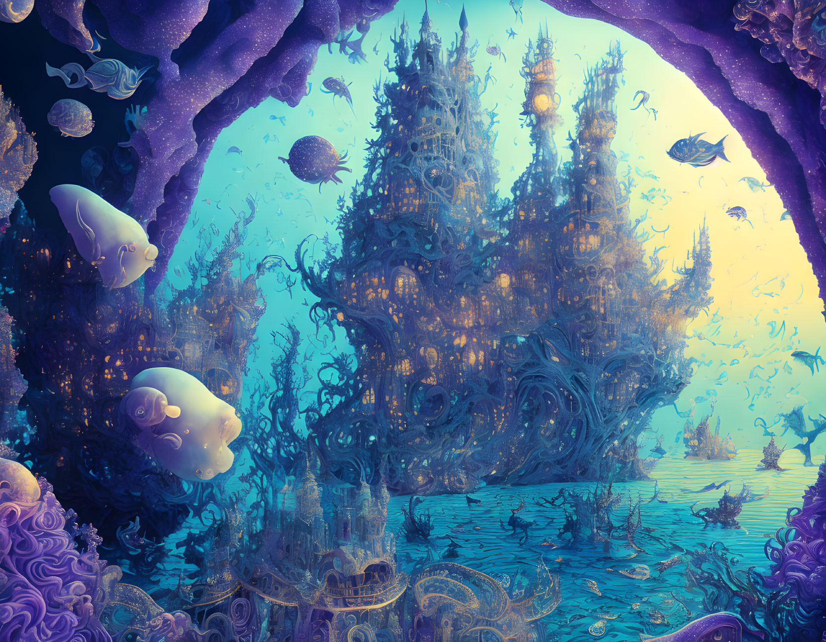 Intricate Coral Castle and Marine Life in Underwater Scene