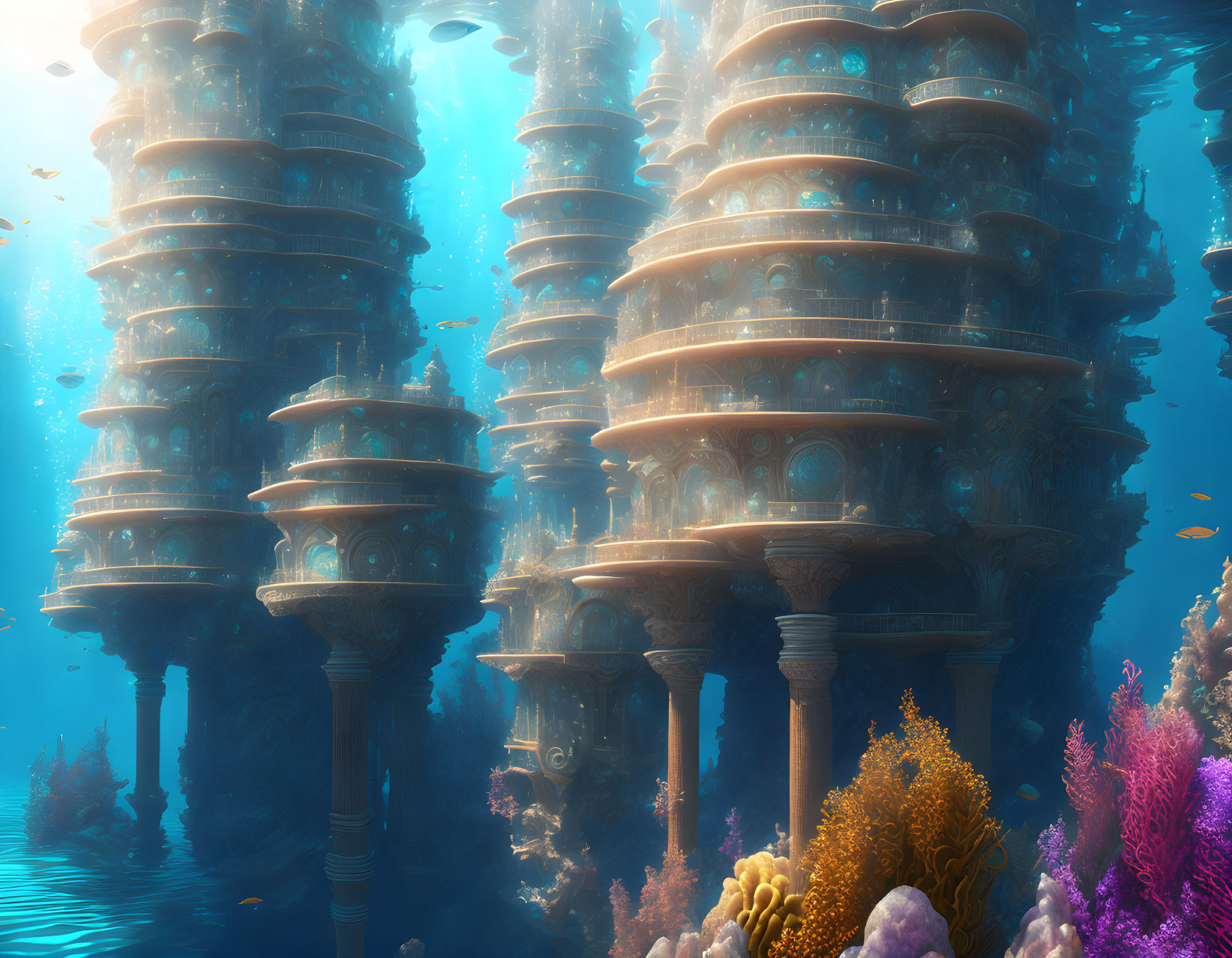 Underwater city with towering coral structures in serene blue ocean.