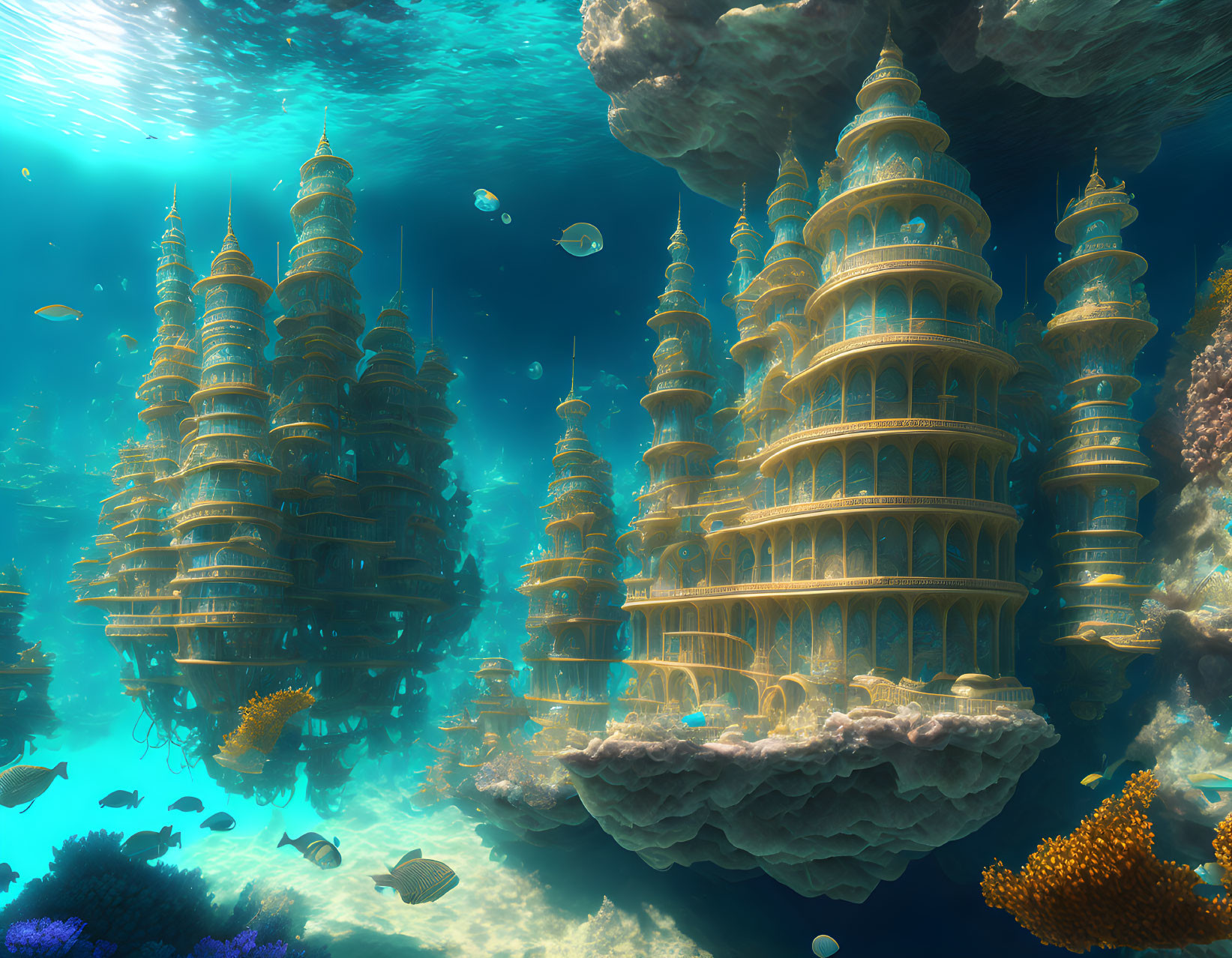 Underwater City with Coral Pagodas and Fish