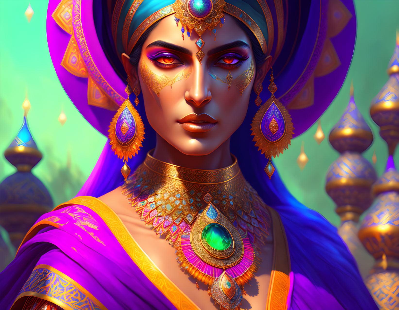 Digital artwork: Woman adorned in golden jewelry and vibrant attire, set in regal scenery.