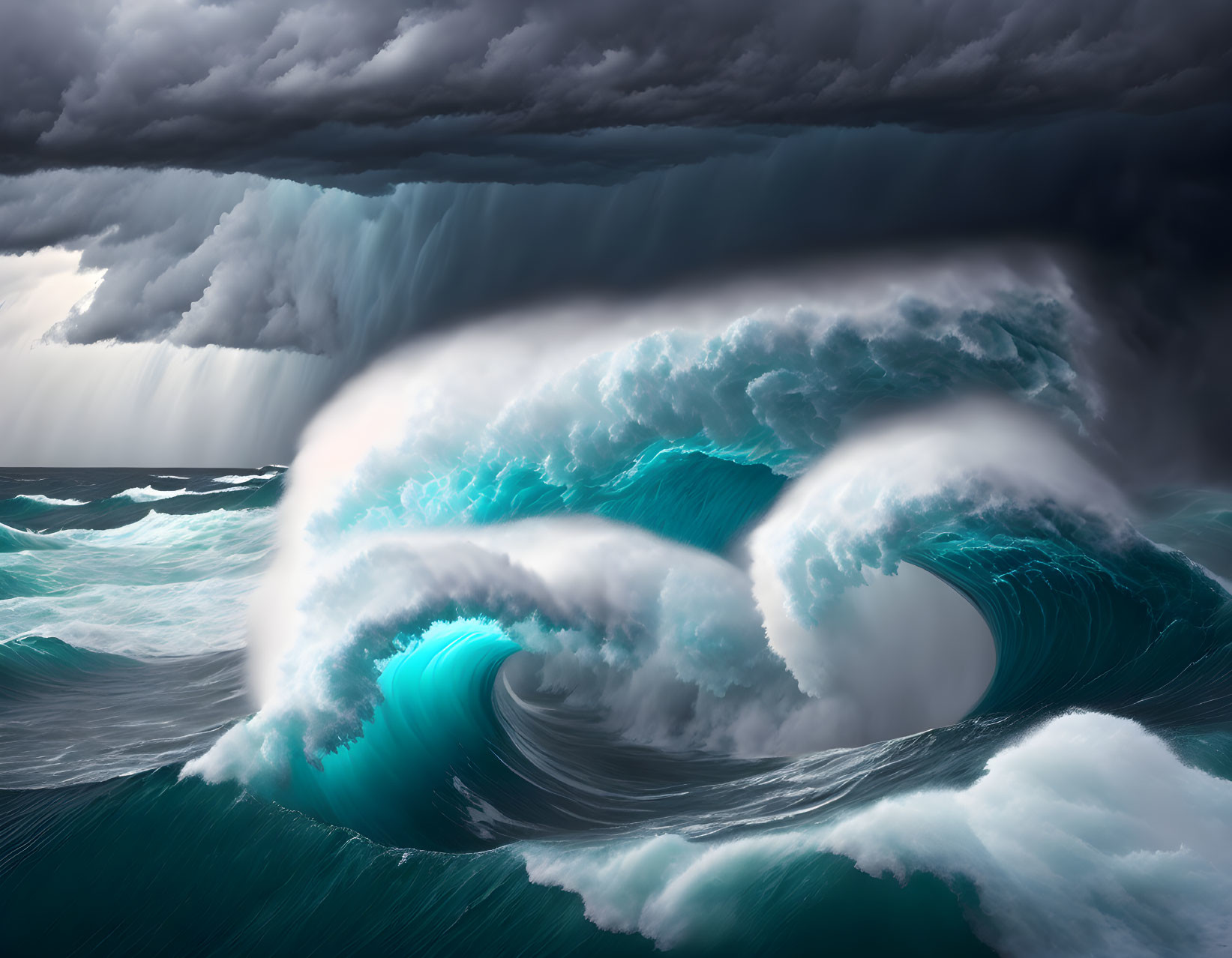 Stormy Ocean Scene: Towering Wave Under Dark Clouds