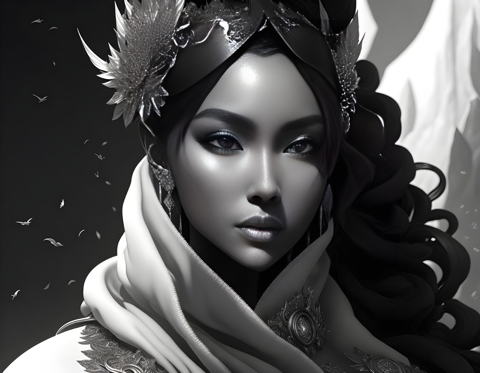 Monochrome digital artwork showcasing woman with elaborate headgear and detailed makeup