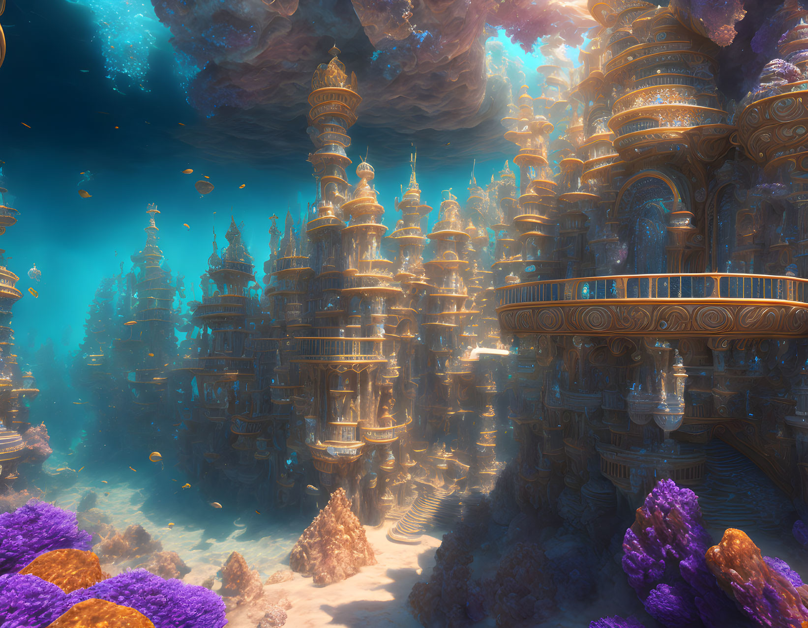 Intricate golden towers in underwater fantasy city