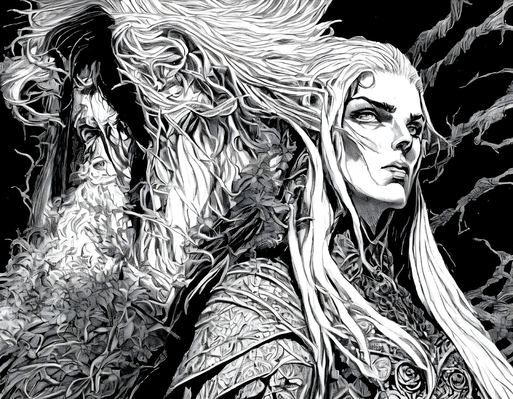 Stern-faced ethereal being with flowing hair and intricate foliage in monochrome illustration