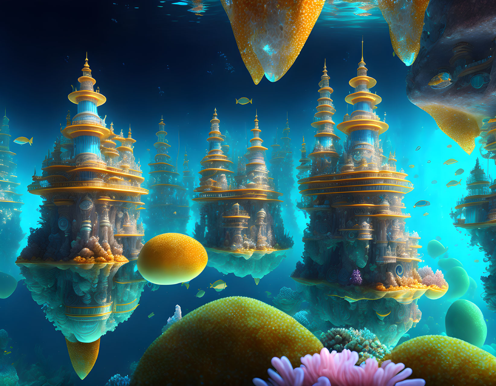 Ornate golden-domed towers in vibrant underwater city surrounded by fish and coral reefs