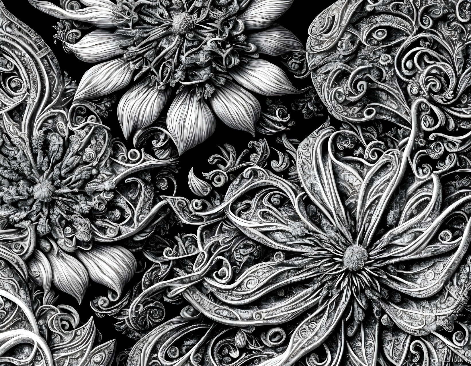 Monochrome floral and paisley design with intricate line art