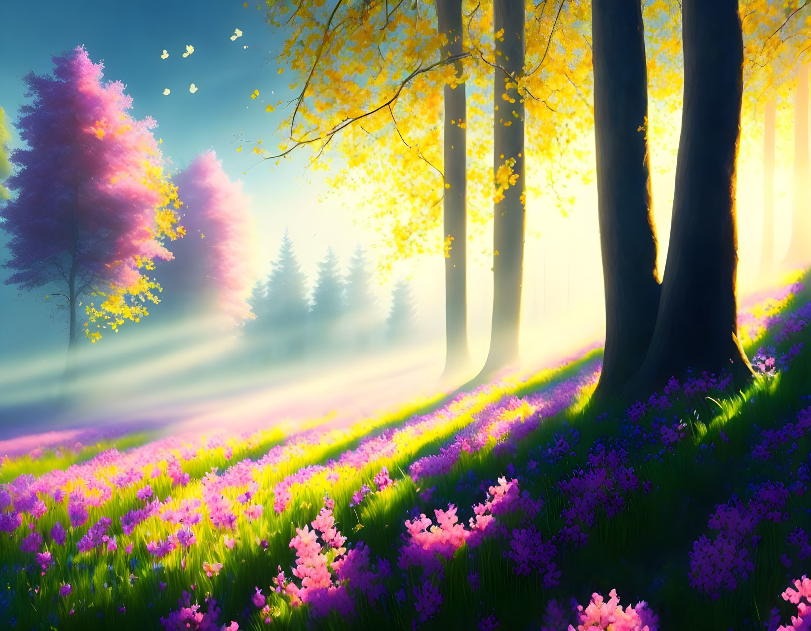 Colorful Forest Scene with Sunlight and Purple Flowers