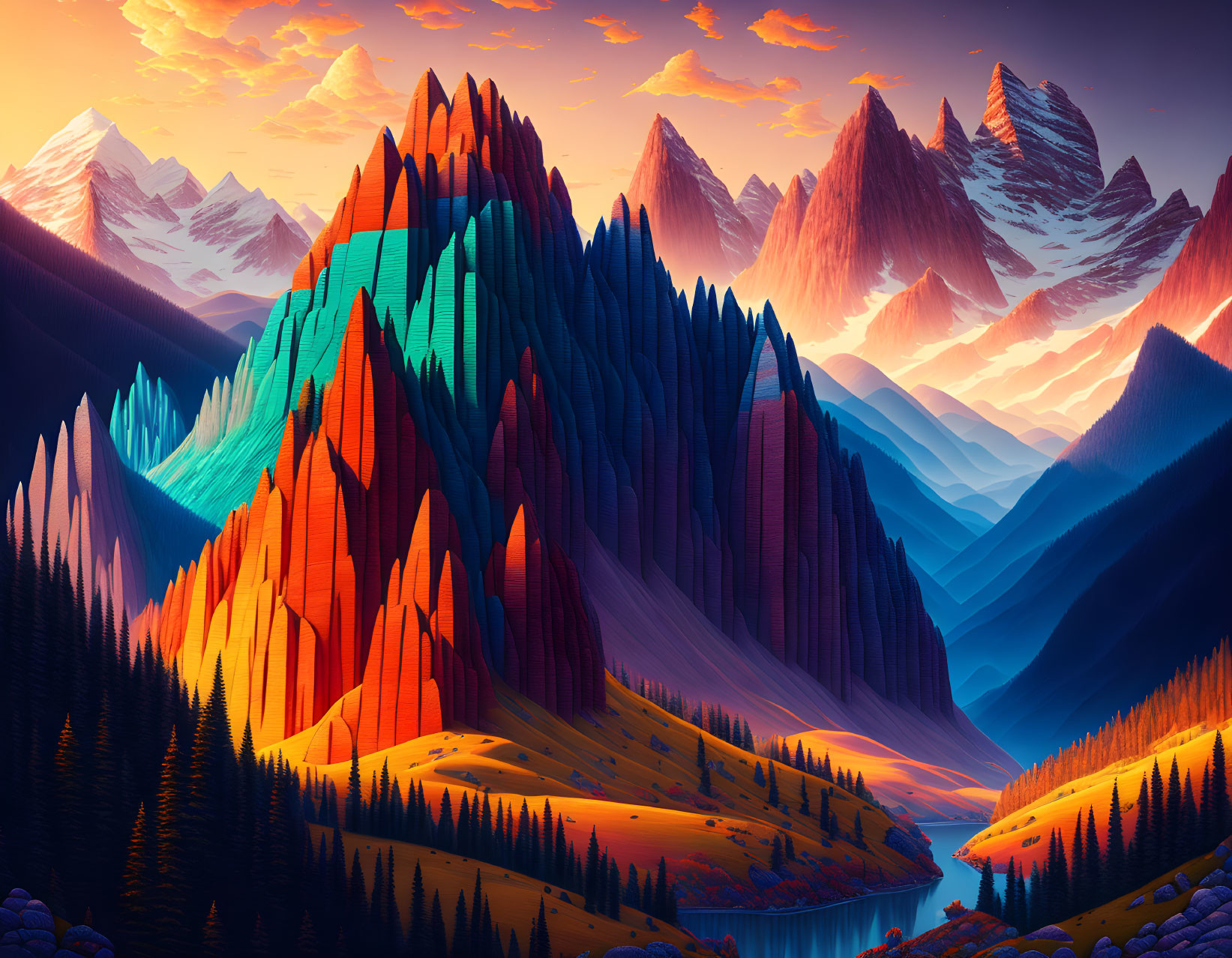 Colorful Stylized Mountain Peaks in Vibrant Landscape