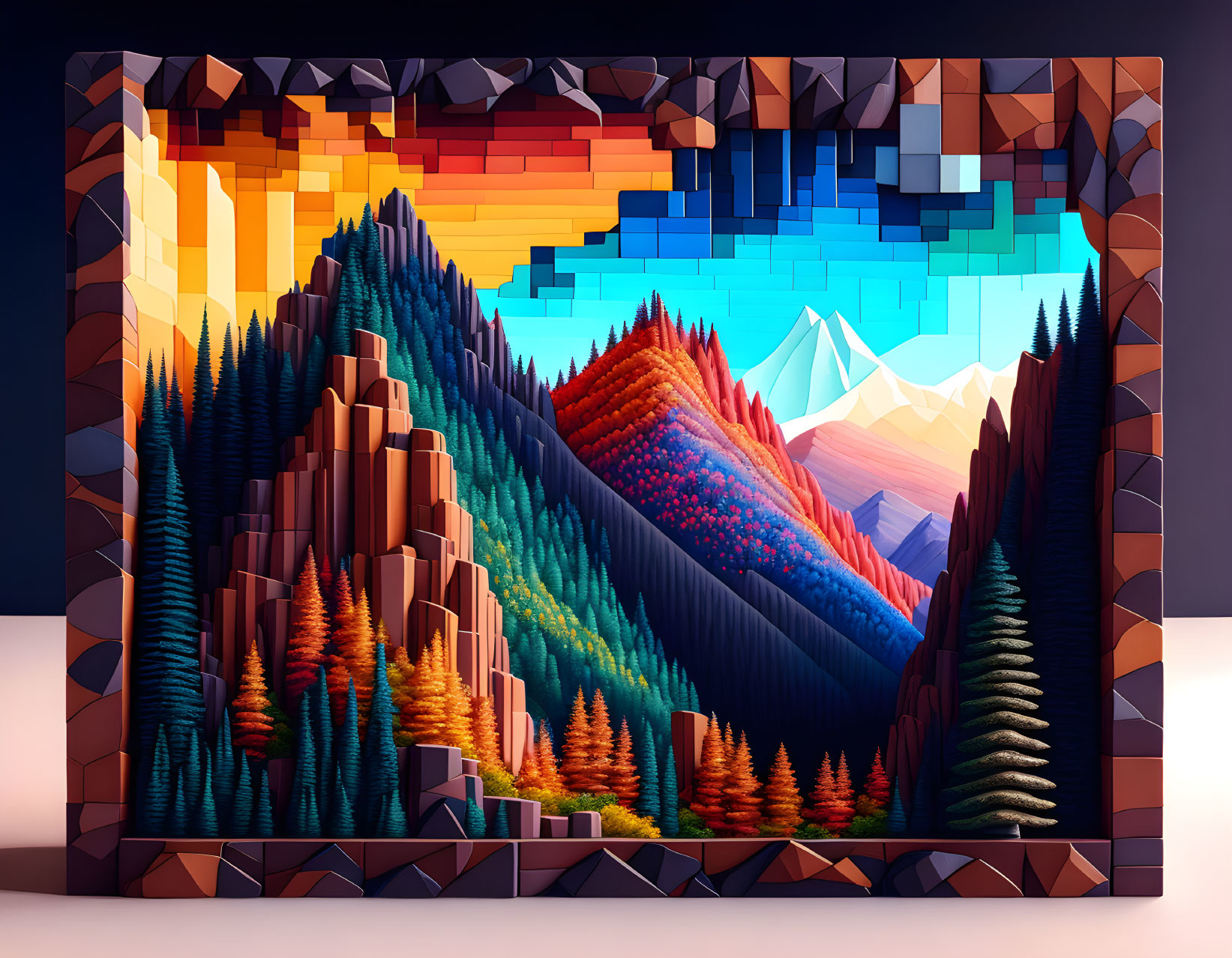 Geometric landscape artwork with stylized mountains, forests, and colorful sky