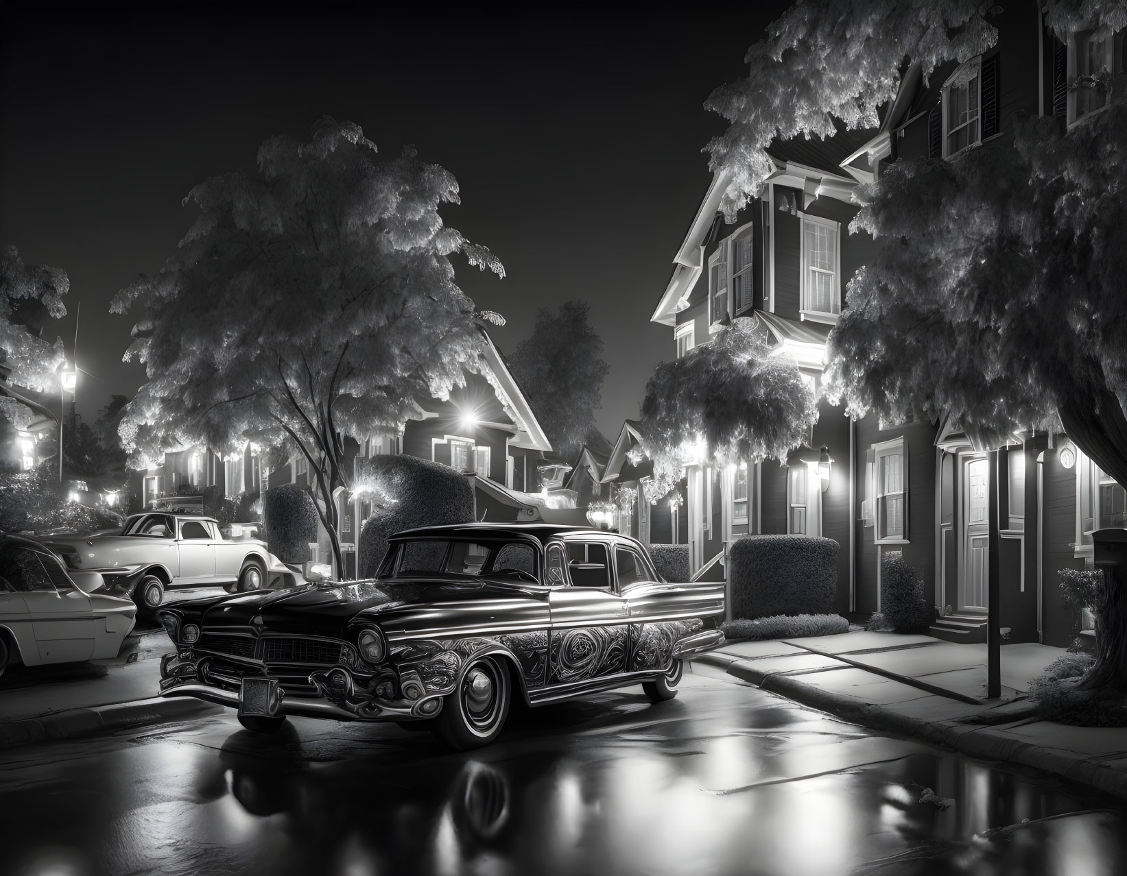 Monochrome classic car parked on suburban street at night