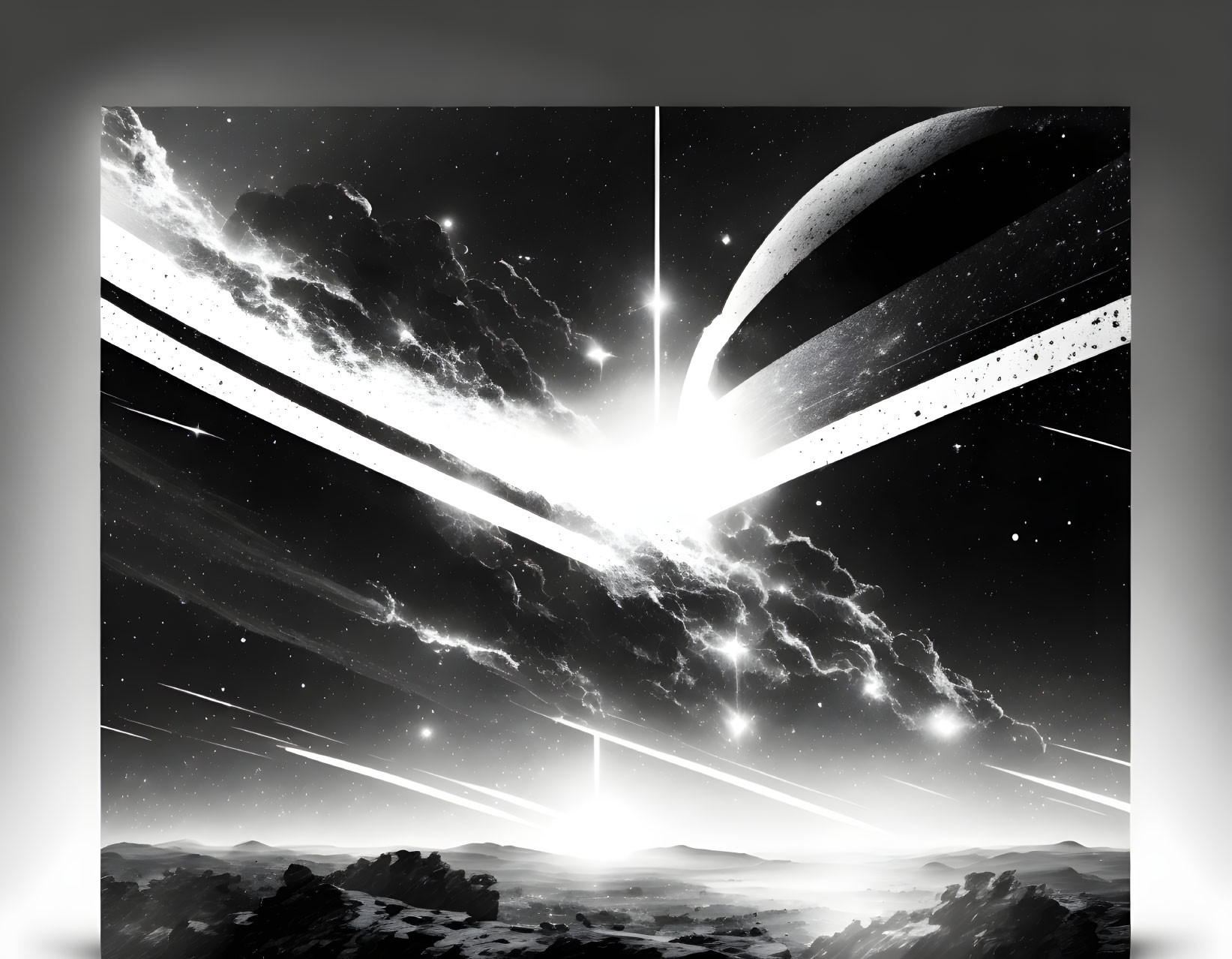 Monochrome sci-fi landscape with cosmic event and celestial bodies