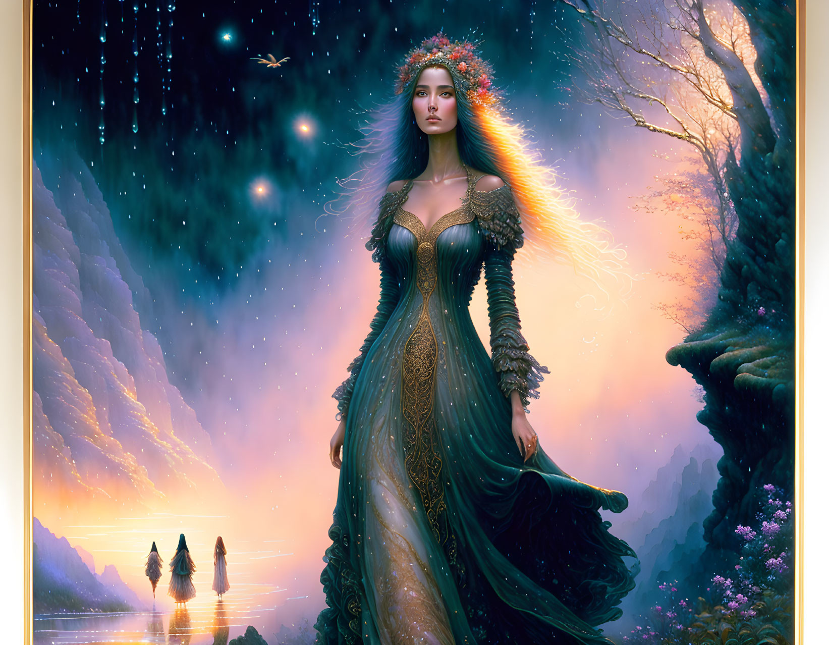 Mystical woman in ornate green gown against twilight backdrop