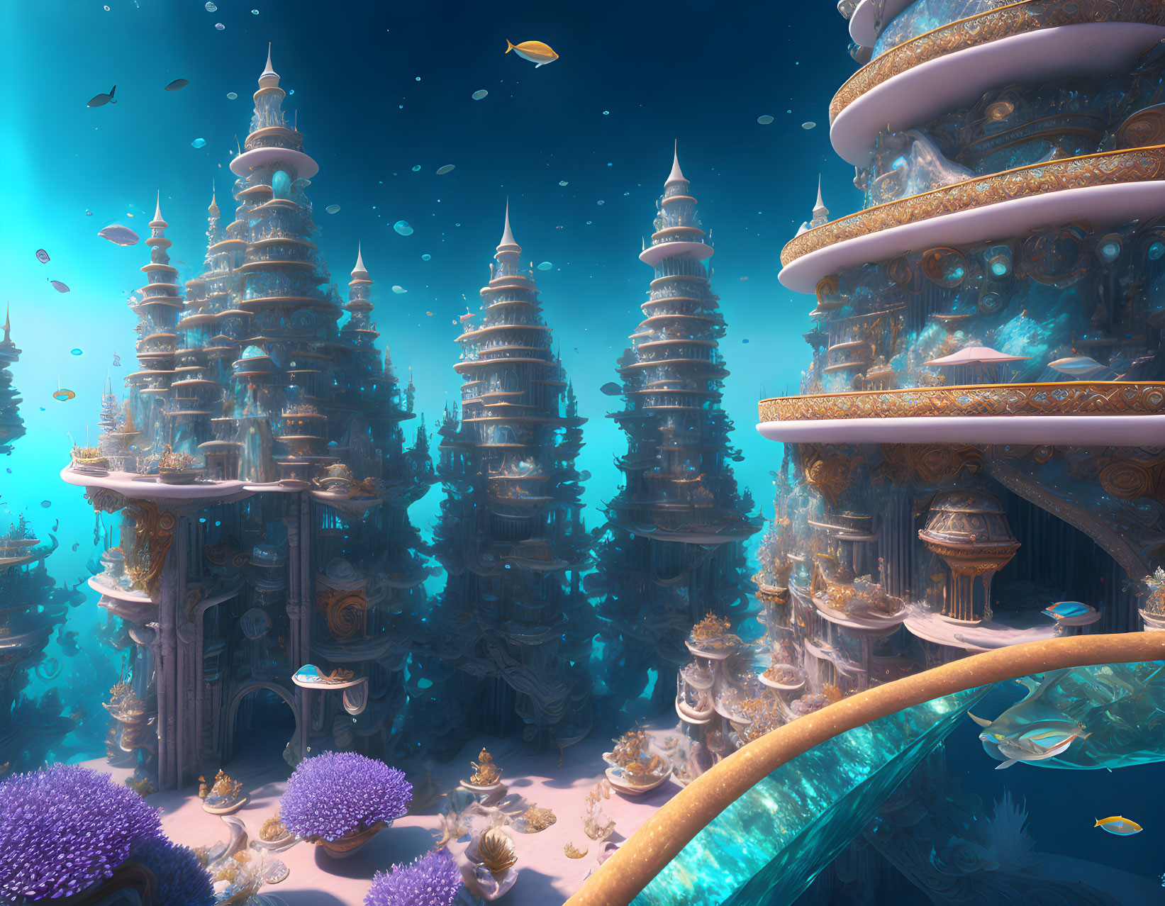 Ornate towers in underwater city with coral and fish