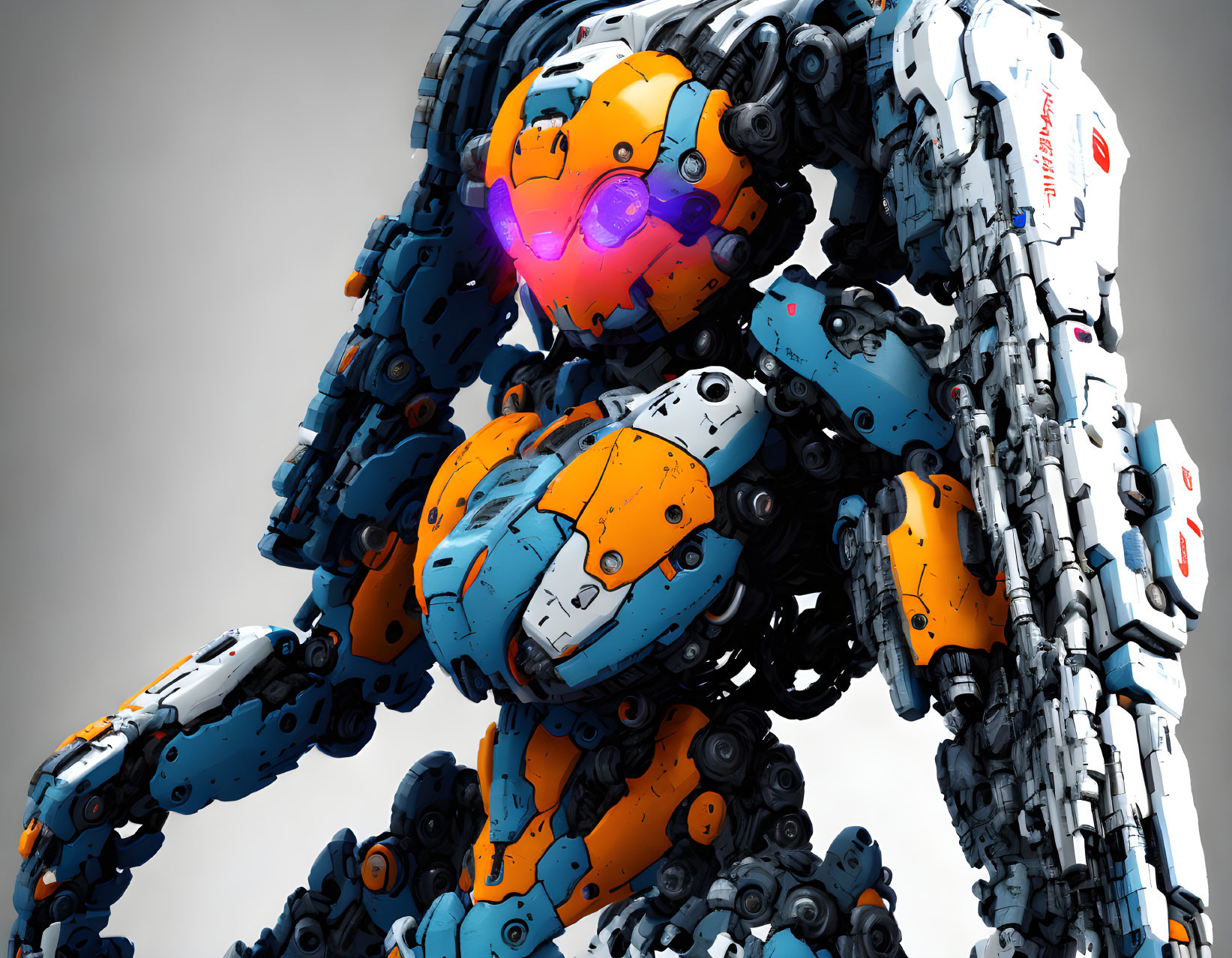 Detailed robotic figure with blue and orange parts and glowing purple elements on neutral backdrop.