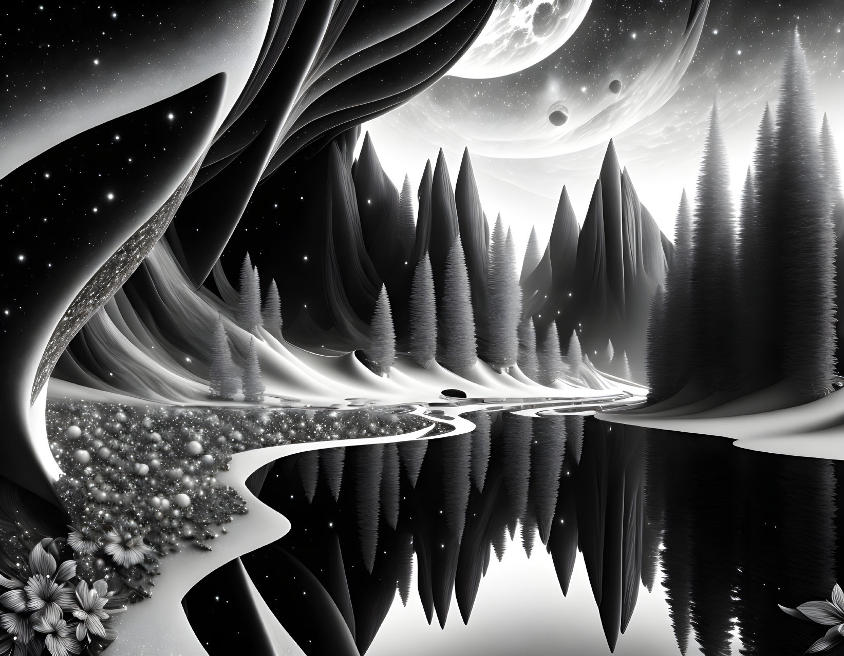 Monochrome fantasy landscape: trees, river reflection, flowers, night sky.