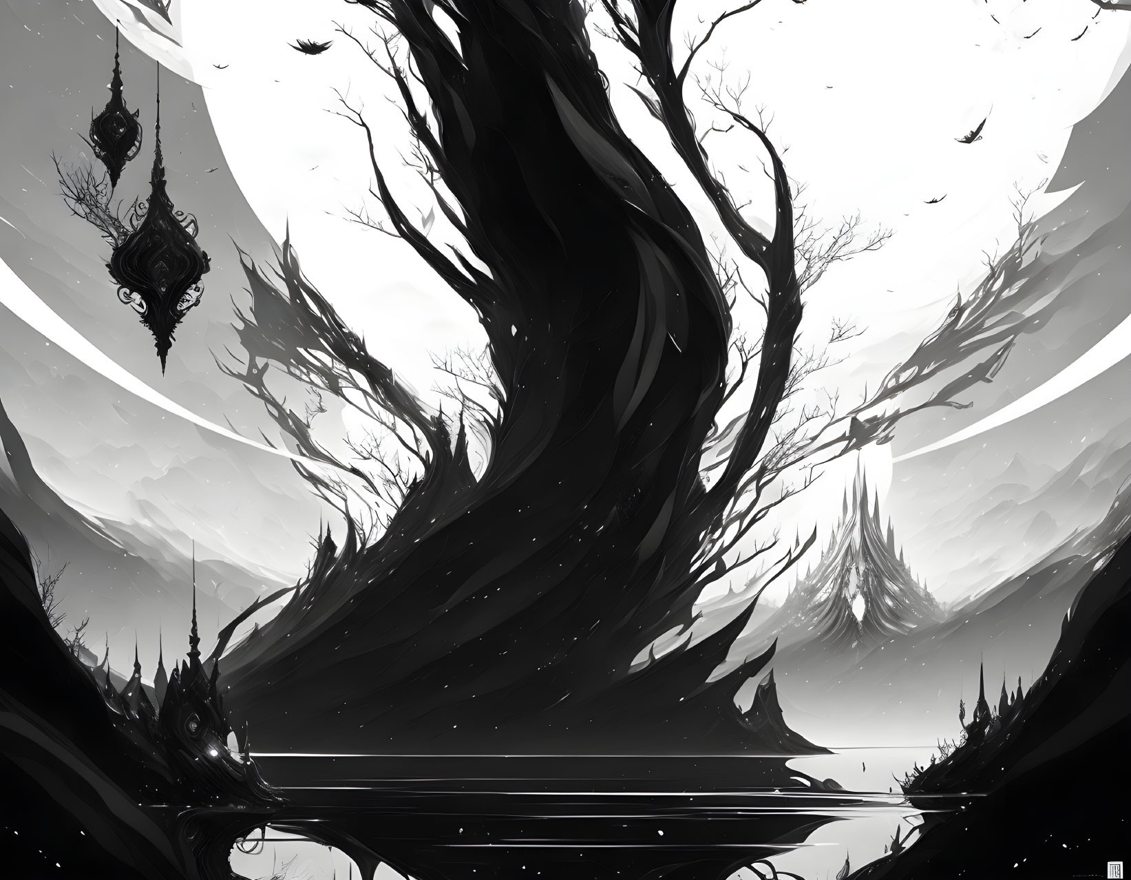 Monochrome fantasy landscape with gnarled trees and floating structures