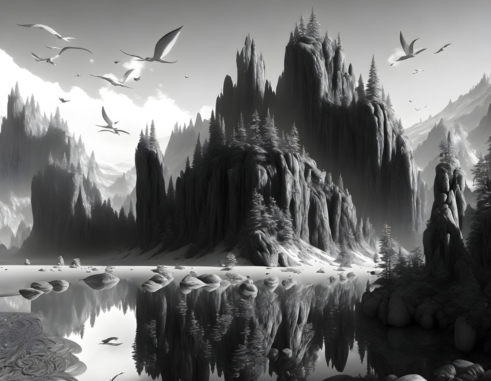 Tranquil grayscale landscape with lake, pine cliffs, and soaring birds