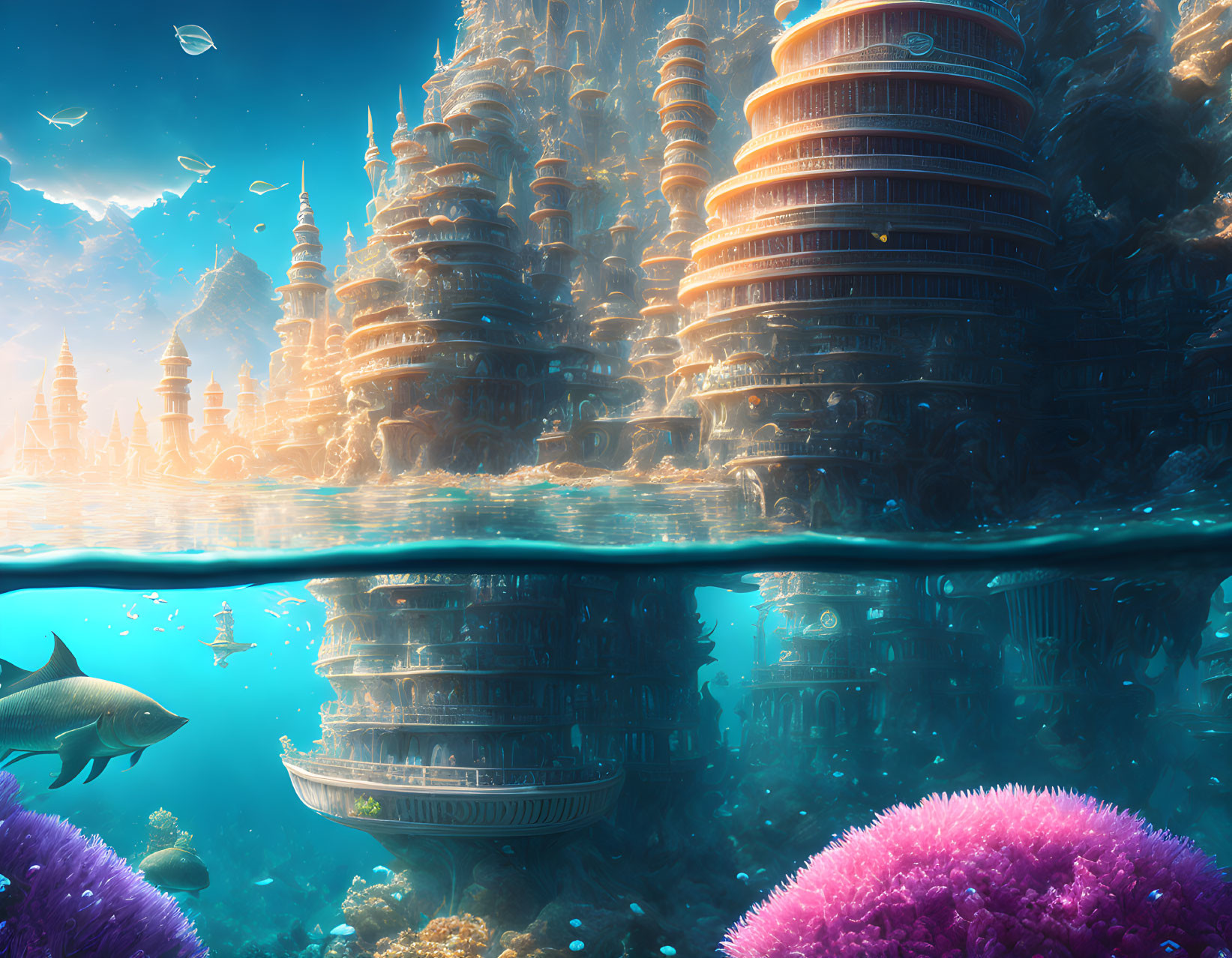 Vibrant underwater cityscape with marine life and towering structures