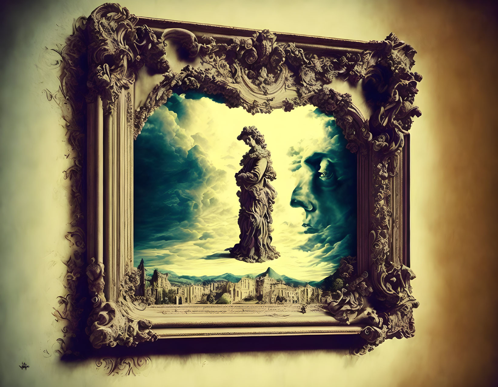 Vintage Ornate Frame Surrounding Surreal Classical Statue and Ethereal Face in Cloudy Sky Scene