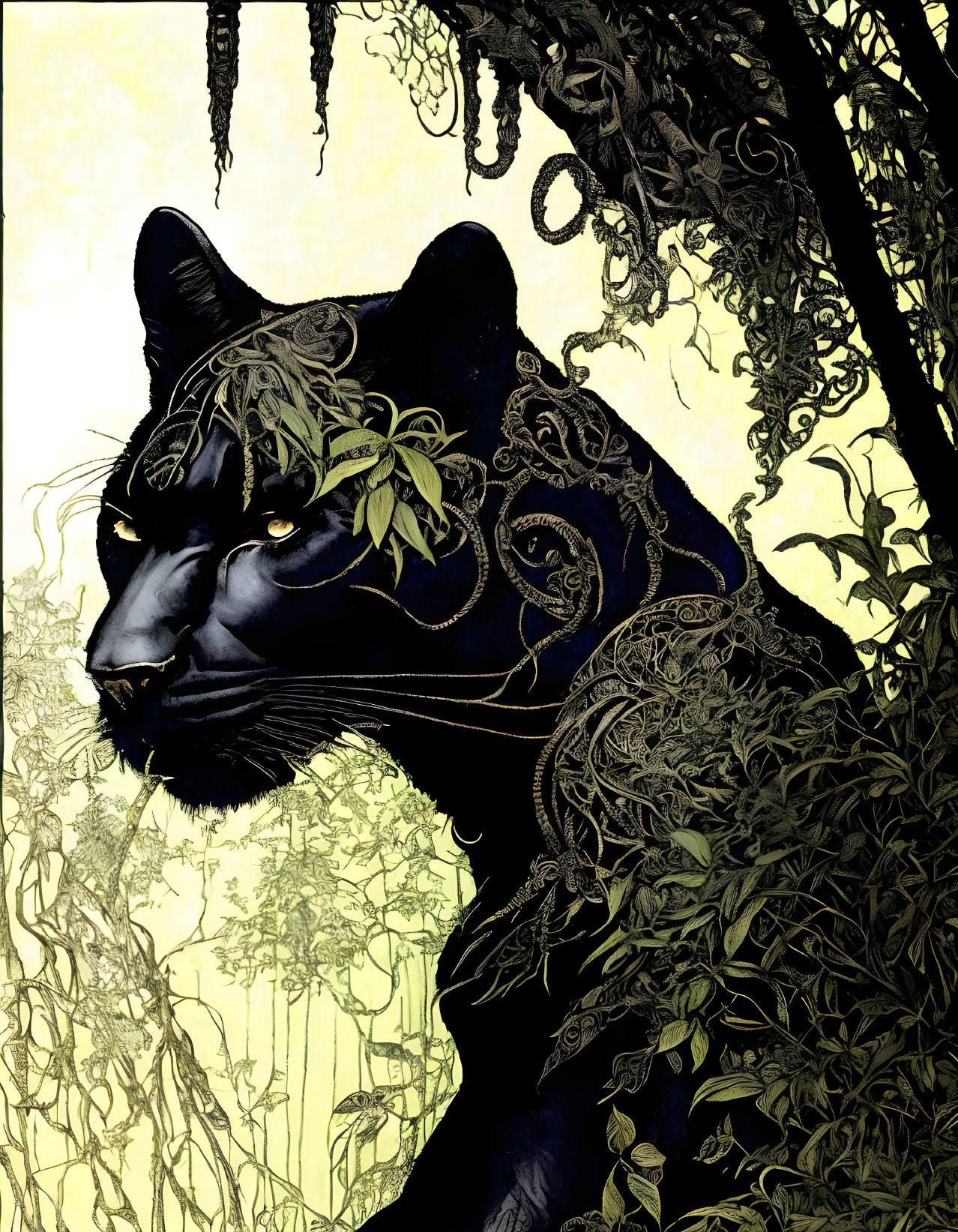 Detailed Black Panther Illustration with Golden Patterns and Foliage Against Yellow Background