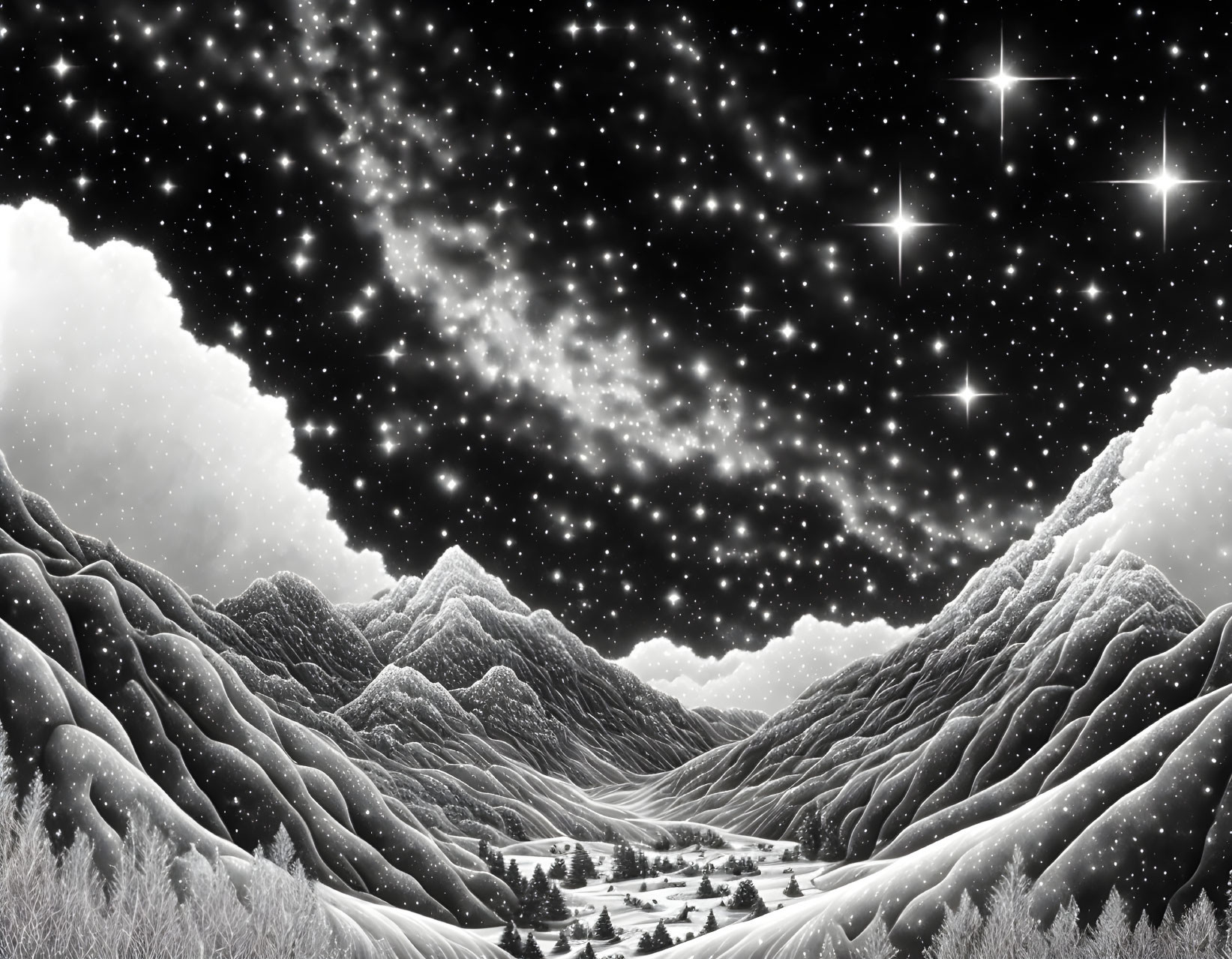 Snowy mountains under starry sky with fluffy clouds - Monochrome landscape