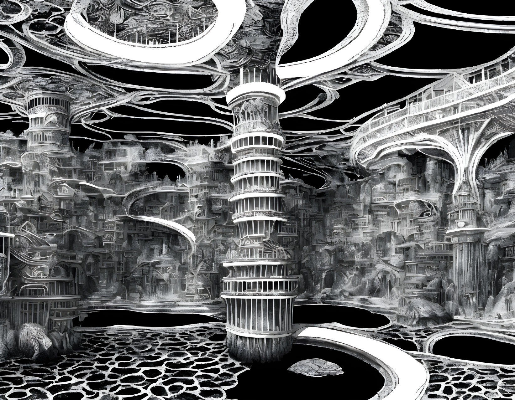 Monochrome fractal landscape with intricate architecture and central tower