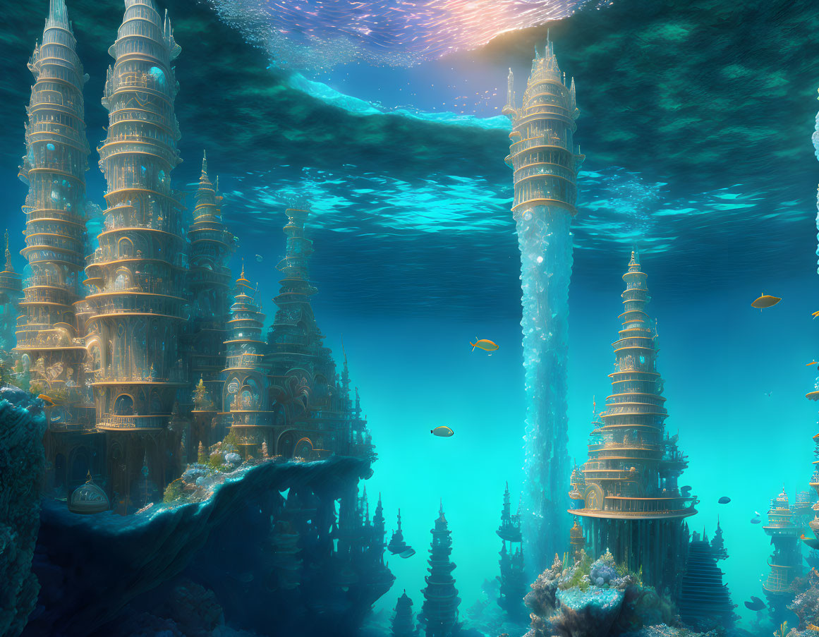 Ornate underwater city with glowing towers and aquatic life