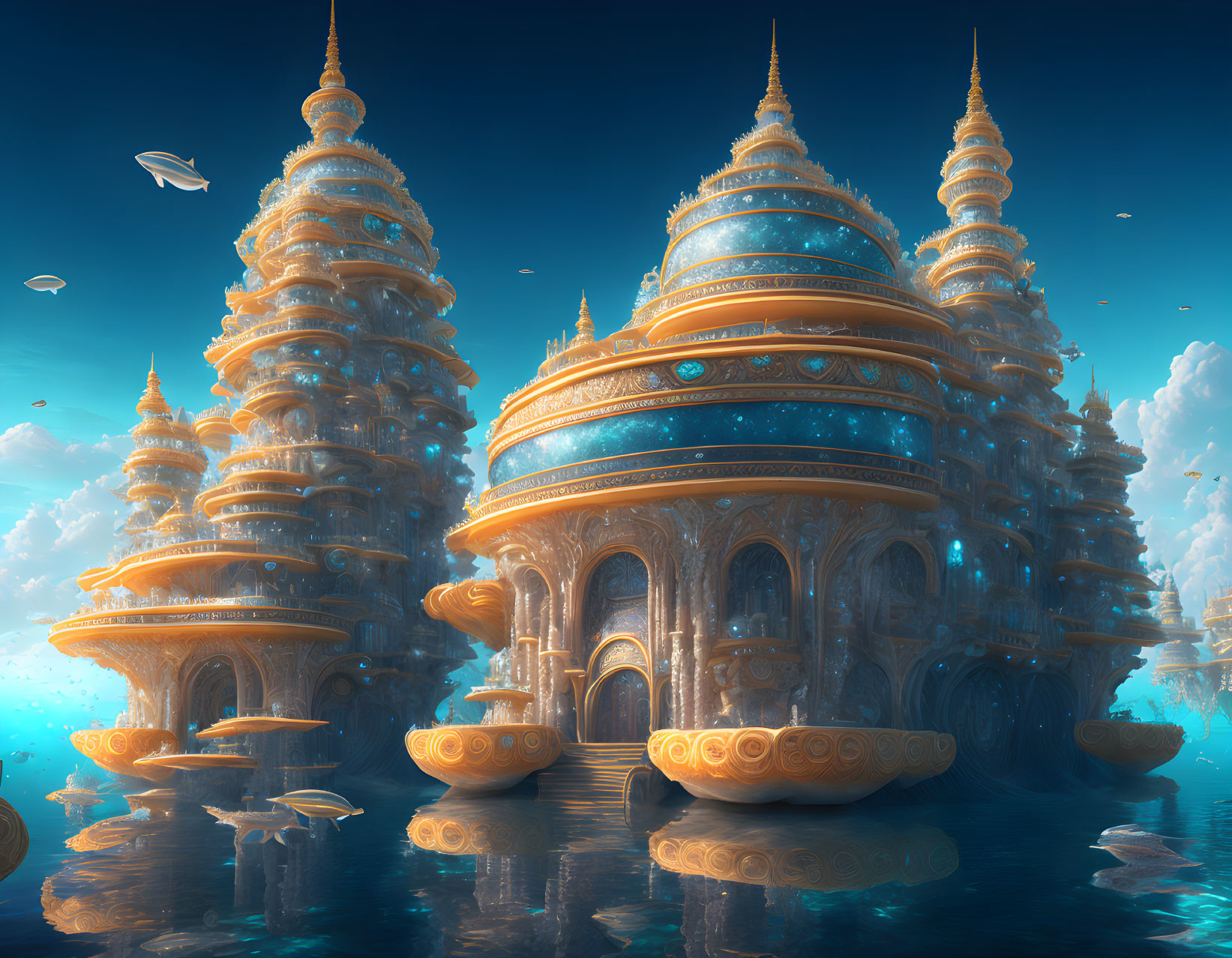 Golden and Blue-Domed Structures in Dreamlike Setting