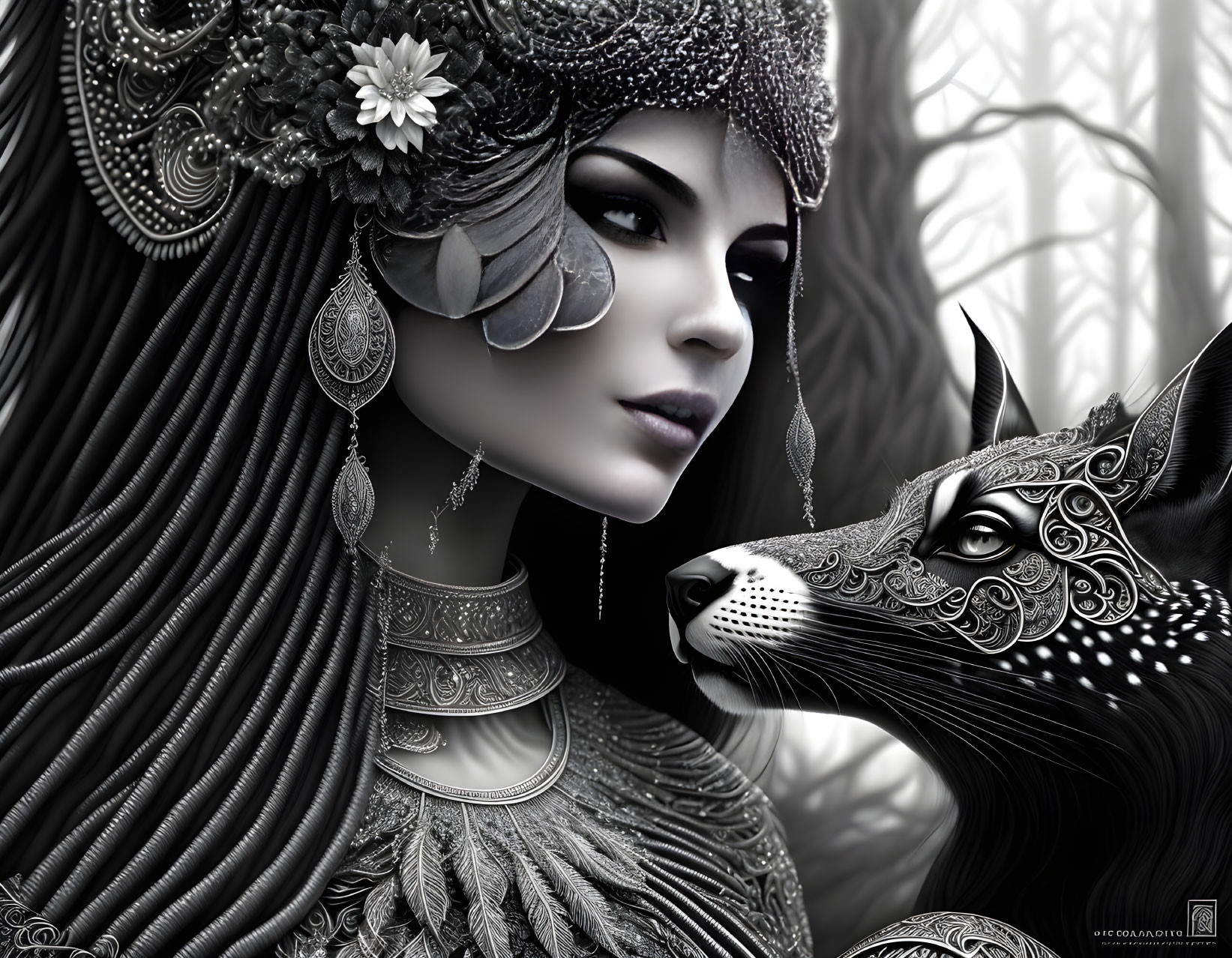 Monochrome image of woman with intricate headdress and wolf head.