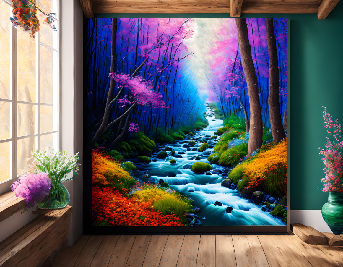 Colorful forest mural with stream and mystical light