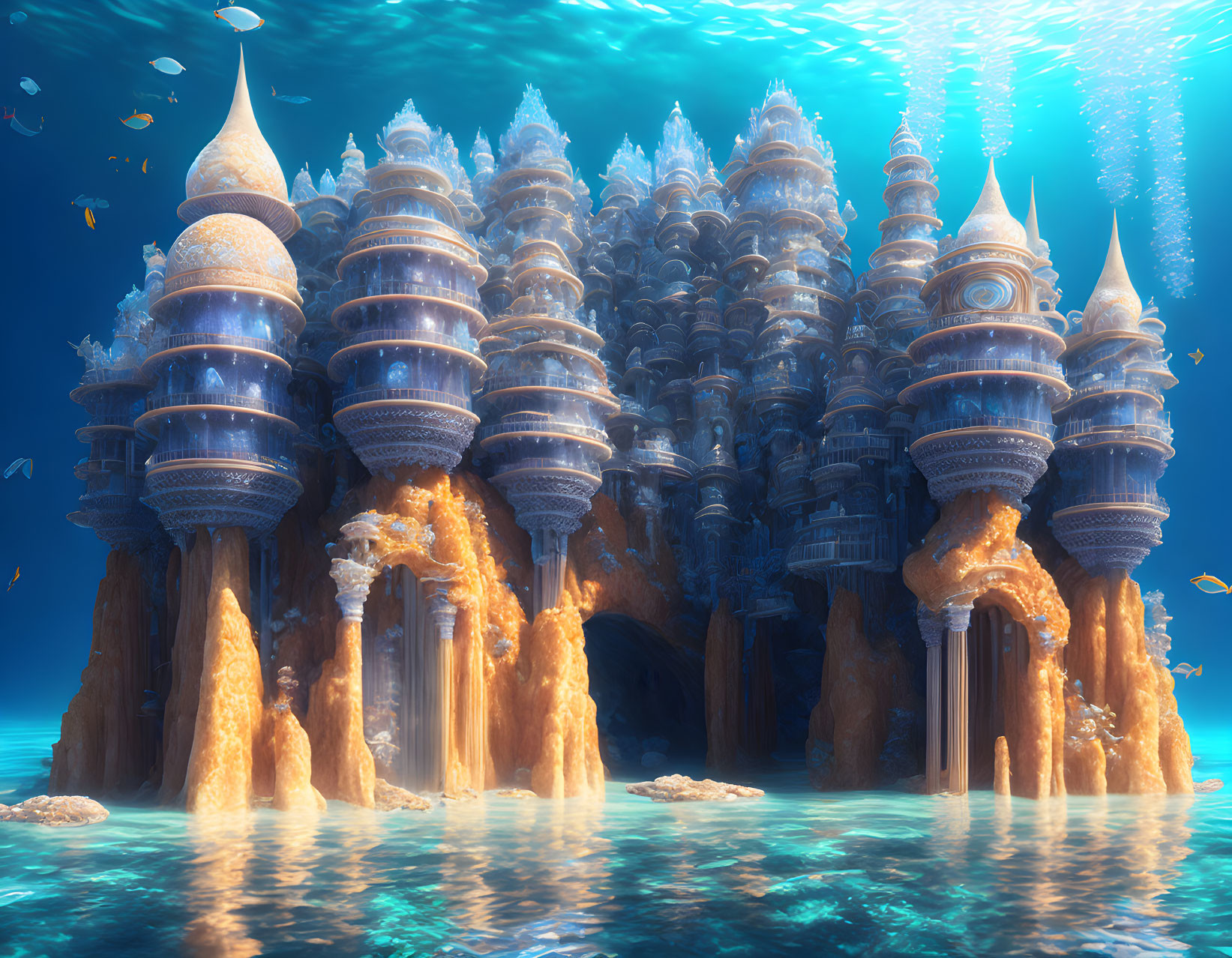 Underwater city with coral-like towers and spires in sunlight.