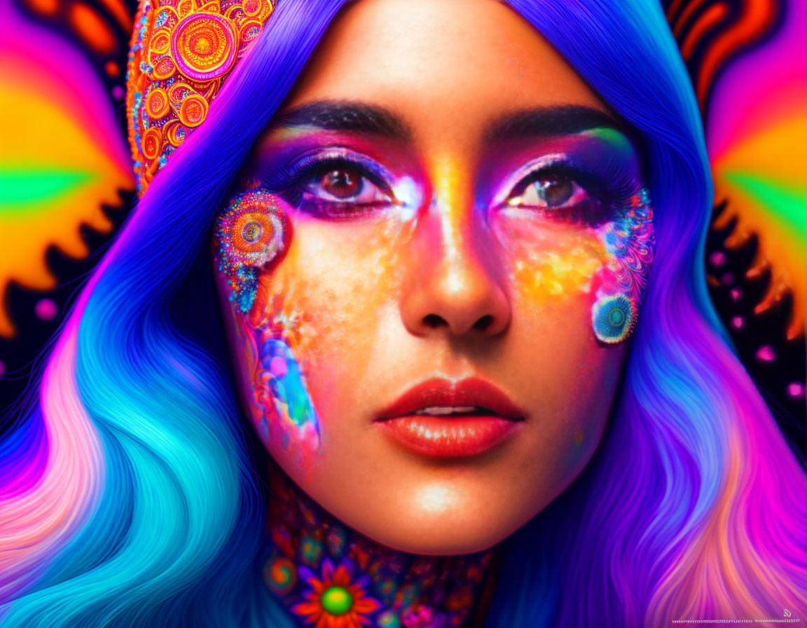 Colorful portrait of woman with psychedelic face patterns and blue hair