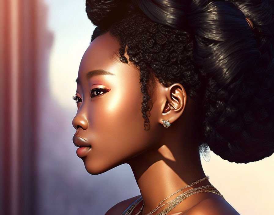 Digital art portrait of African woman with braided hair, earrings, necklace, and soft lighting.