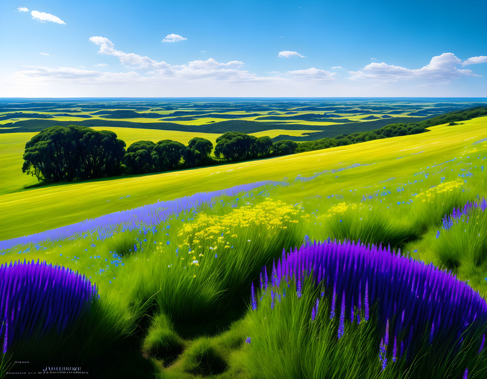 Scenic landscape: green hills, wildflowers, blue sky