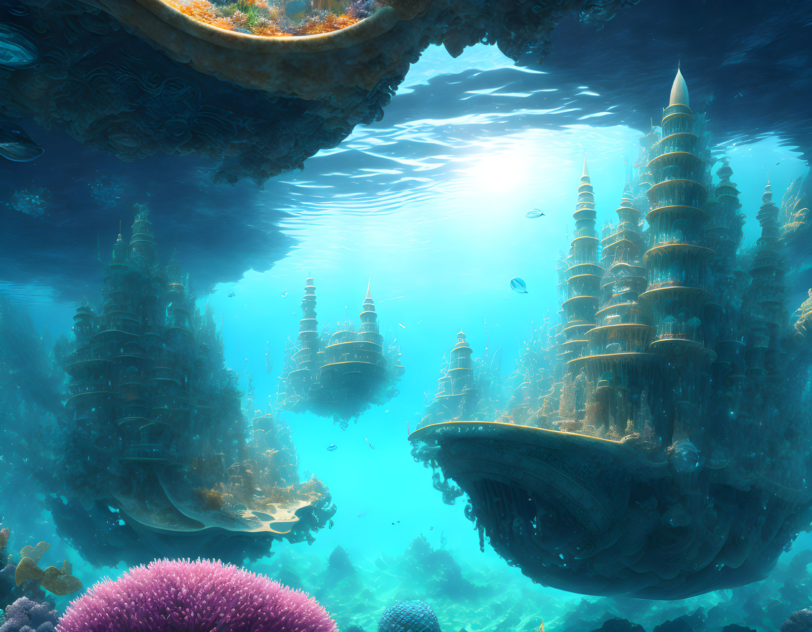 Fantasy underwater city with towering structures and marine life under sunlight.