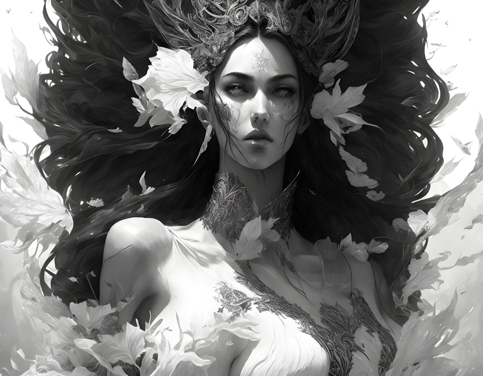 Monochrome mystical woman with elaborate headdress and nature motifs